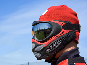 red and black paintball mask